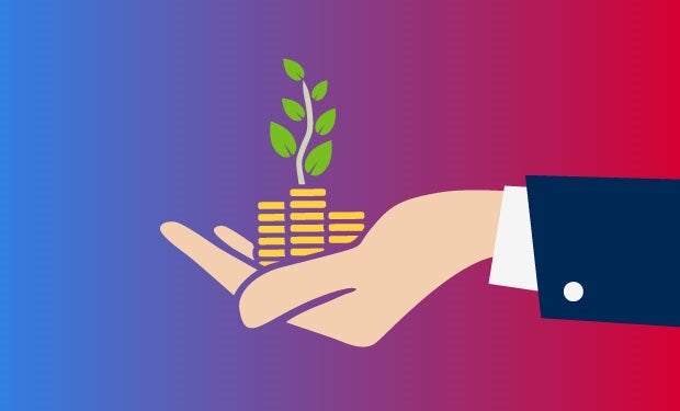 Health System Venture Funds Place Their Bets on Innovation. A businessperson's hand holds stacks of coins with a plant growing out of them.