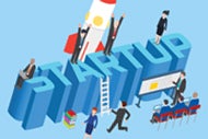 Amazon Launches Accelerator for Digital Health Startups. Graphic with the word Startup with business people giving a presentation, a ladder, and a rocket around it.
