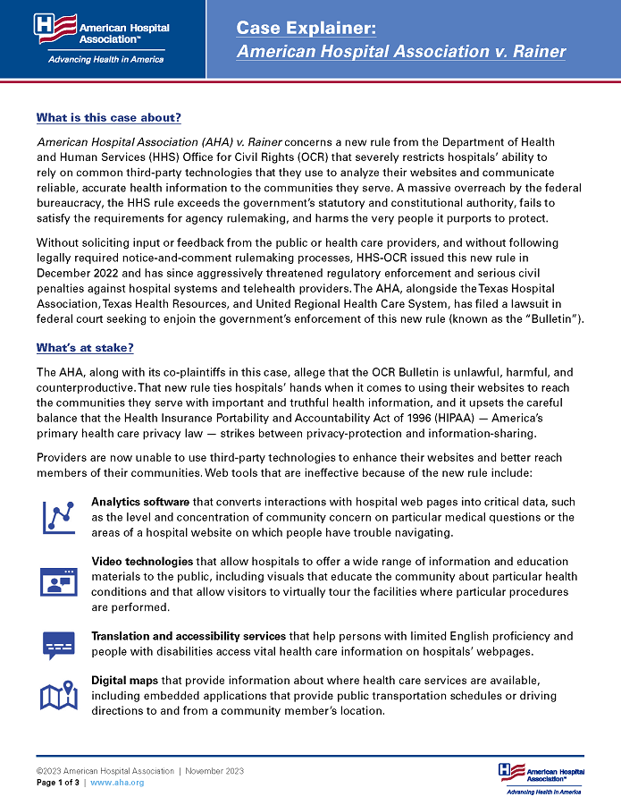 Case Explainer: American Hospital Association v. Rainer page 1.