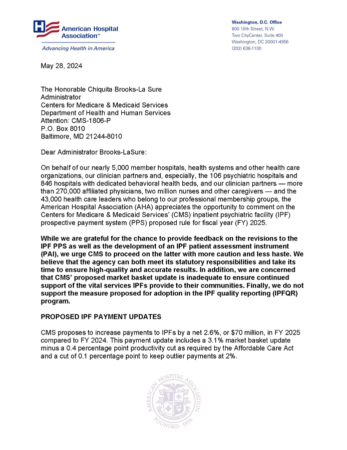 AHA Comments on Inpatient Psychiatric Facility FY 2025 Proposed Payment Rule letter page 1.