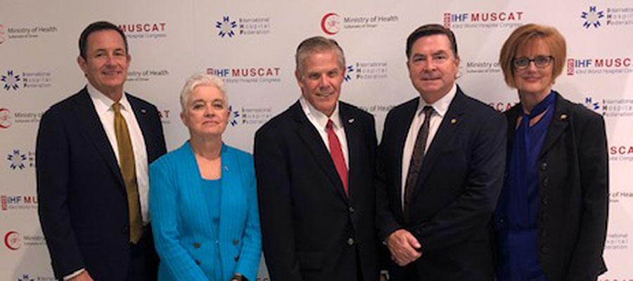 AHA President and CEO Rick Pollack with AHA Chairman Brian Gragnolati, president and CEO of Atlantic Health System; AHA Chair-elect Melinda Estes, M.D., president and CEO of Saint Luke’s Health System; and David Olson, senior vice president and chief strategy and business development officer of Froedtert Health at the World Hospital Cogress at the International Hospital Federation in Oman